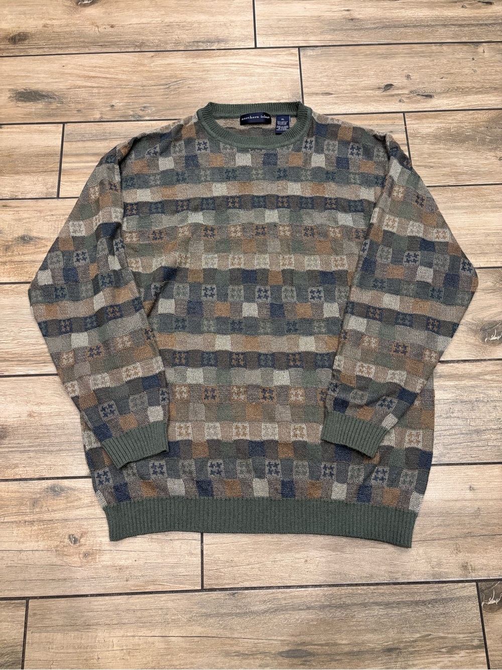 Vintage Northern Isles Checkered Knit Sweater Earthtone Sage Green Size XL